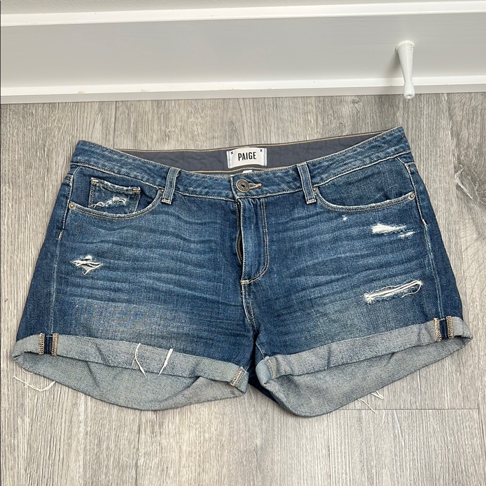 PAIGE Blue Jean Shorts with Distressed Cuffed Hem Jimmy Jimmy Shorts